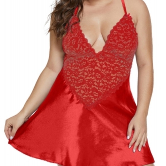 Starlights Fashion Other - Red Plus Size Satin and Lace Chemise Set